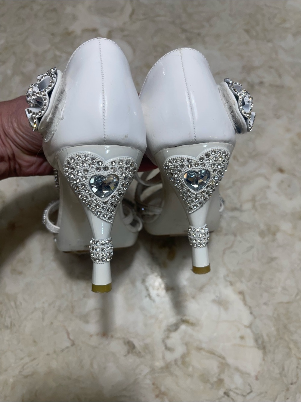 Adorable White Heart Crystal-Embellished Strappy Jeweled Women's Heels Sz 6.5